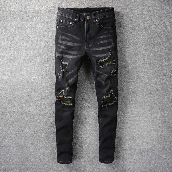 men's jeans american street fashion retro black gray elastic slim fit ripped patches designer hip hop denim punk pants 4lq7, Blue
men's jeans american street fashion retro black gray elastic slim fit ripped patches designer hip hop denim punk pants 4lq7, Blue