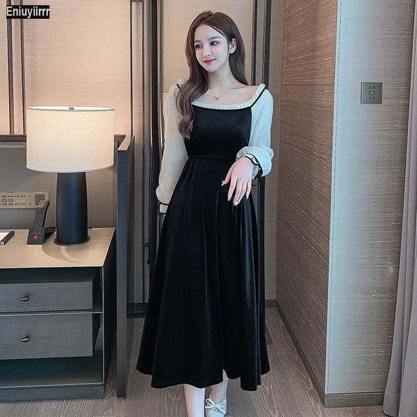 casual dresses square neck flared elegant velvet dress women autumn winter basic high waist long sleeve ladies fit and flare party, Black;gray 
casual dresses square neck flared elegant velvet dress women autumn winter basic high waist long sleeve ladies fit and flare party, Black;gray