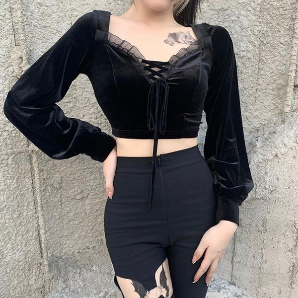 women's t-shirt gothic bandage black goth aesthetic hollow out t shirt vintage velvet lantern sleeve spring autumn basic fashion, White
women's t-shirt gothic bandage black goth aesthetic hollow out t shirt vintage velvet lantern sleeve spring autumn basic fashion, White