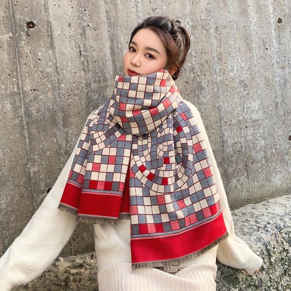 scarves korean version of colorful plaid faux cashmere scarf women's winter students wear shawls with a thick neck 65x190cm, Blue;gray 
scarves korean version of colorful plaid faux cashmere scarf women's winter students wear shawls with a thick neck 65x190cm, Blue;gray