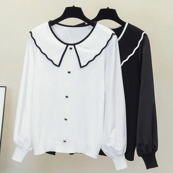 women's sweaters 2021 autumn button sweater pullovers ripped round neck pullover solid korean ribbon sweet knitted top, White;black 
women's sweaters 2021 autumn button sweater pullovers ripped round neck pullover solid korean ribbon sweet knitted top, White;black