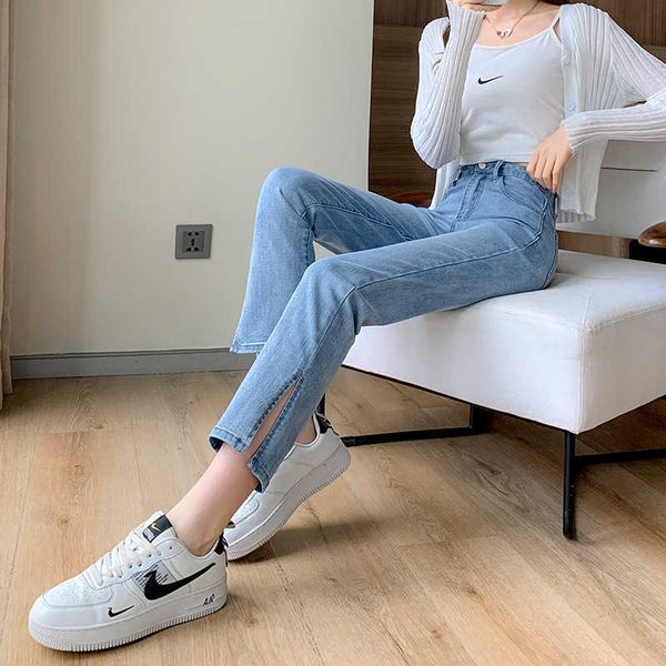straight personalized split jeans women's multi color elastic high waist slim 8 / 9 pipe pants, Blue
straight personalized split jeans women's multi color elastic high waist slim 8 / 9 pipe pants, Blue