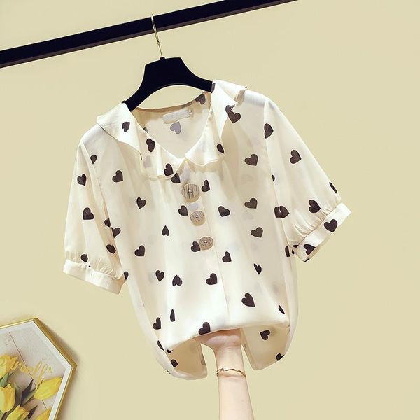 women's blouses & shirts 2021 summer short sleeves ruffles collar heart-shaped print chiffon shirt ladies blouse blusas a3447, White
women's blouses & shirts 2021 summer short sleeves ruffles collar heart-shaped print chiffon shirt ladies blouse blusas a3447, White