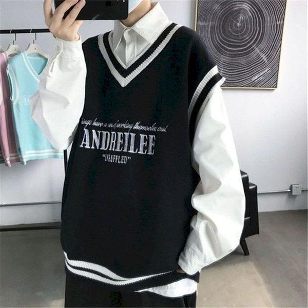 men's vests fonekie mens sweater vest sleeveless korean fashion v-neck knitted sweaters college style loose men clothing autumn 2021, Black;white