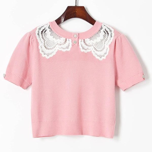 cacah up summer women's knitted short-sleeved t-shirt 2021 pink stitching hollow lace closed-sleeve pullover, White
cacah up summer women's knitted short-sleeved t-shirt 2021 pink stitching hollow lace closed-sleeve pullover, White
