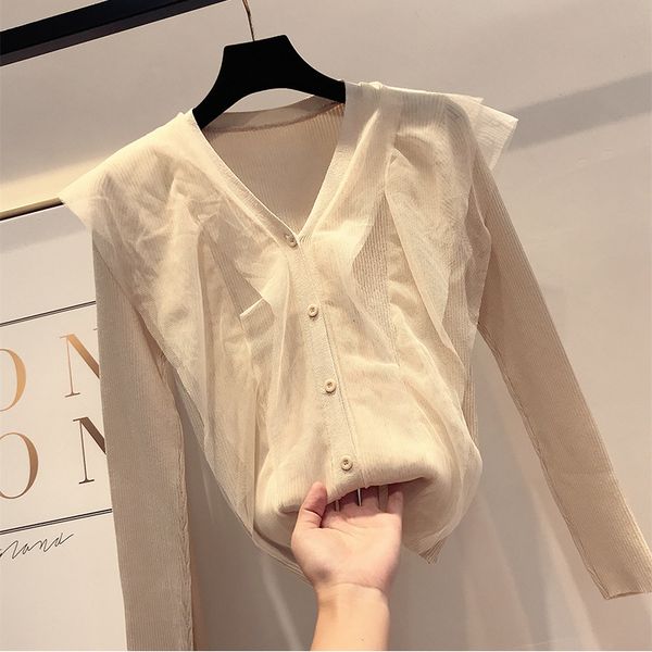 women's knits & tees spring women fashion knitted cardigans mesh stitching sweaters autumn v-neck elegant ruffles cardigan sweater, White
women's knits & tees spring women fashion knitted cardigans mesh stitching sweaters autumn v-neck elegant ruffles cardigan sweater, White