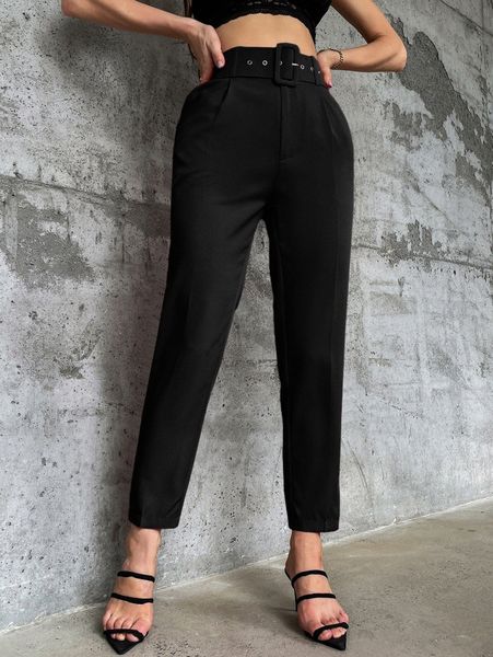 solid belted tapered pants x83p#, Black;white
