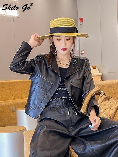 women's leather & faux high street solid jacket women autumn moto biker sheepskin genuine coat casual stand collar zipper outwear femal, Black
women's leather & faux high street solid jacket women autumn moto biker sheepskin genuine coat casual stand collar zipper outwear femal, Black