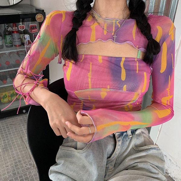 women's t-shirt 2 pieces set women fashion color graffiti hollow out lace up crop slim long sleeve mesh for woman 2021, White
women's t-shirt 2 pieces set women fashion color graffiti hollow out lace up crop slim long sleeve mesh for woman 2021, White