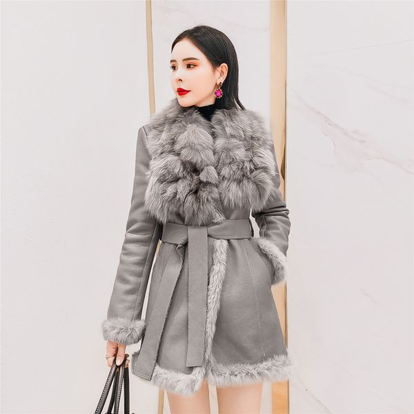 leather medium long women fashion real fox fur collar lamb wool lining pu leather coats korean belt patchwork sleeve winter jacket a275, Black
leather medium long women fashion real fox fur collar lamb wool lining pu leather coats korean belt patchwork sleeve winter jacket a275, Black