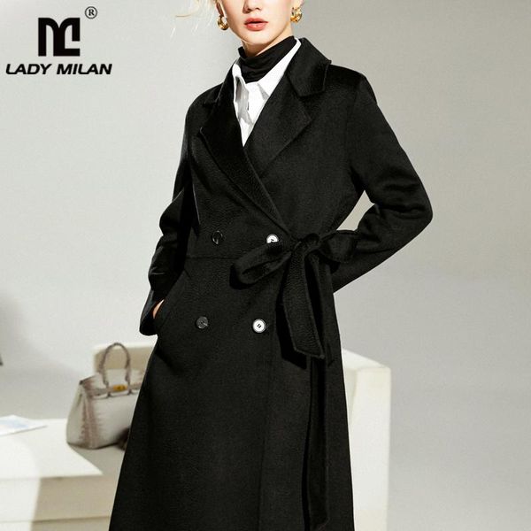 women's wool & blends double cashmere coat notched collar waves lace up belt fashion winter overcoat long outerwear, Black
women's wool & blends double cashmere coat notched collar waves lace up belt fashion winter overcoat long outerwear, Black
