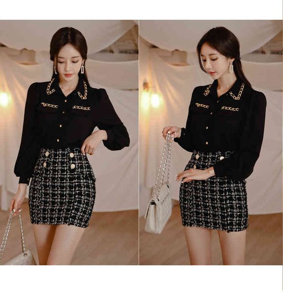 2021 spring women es lantern sleeve black chiffon shirt blouse+tweed plaid pencil short skirt office lady 2 pieces set, Black;gray
2021 spring women es lantern sleeve black chiffon shirt blouse+tweed plaid pencil short skirt office lady 2 pieces set, Black;gray