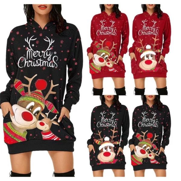 128#2021 new women's casual christmas printed long sleeve pocket hooded sweater loose dress, Black
128#2021 new women's casual christmas printed long sleeve pocket hooded sweater loose dress, Black