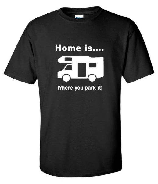 "home is where you park it" motorhome caravan camping mens funny t-shirt, White;black
"home is where you park it" motorhome caravan camping mens funny t-shirt, White;black
