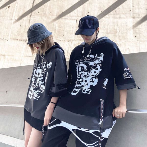 hoodies fashion short-sleeved sweater men's personalized ribbon color matching fake double hooded t-shirt, Black
hoodies fashion short-sleeved sweater men's personalized ribbon color matching fake double hooded t-shirt, Black