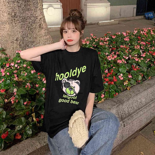 hoodies ytx144 spring loose bottom shirt short female printing bear t-shirt, Black 
hoodies ytx144 spring loose bottom shirt short female printing bear t-shirt, Black