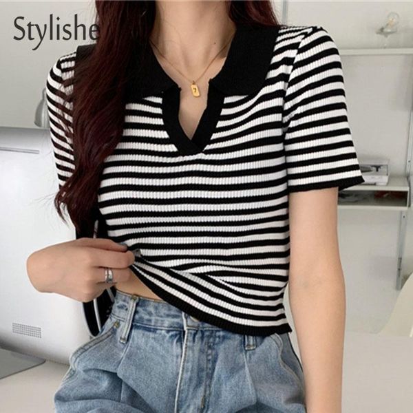 women's t-shirt stylishe striped women knitted crop lady style of 90s short sleeve tee shirt pullover elegant slim summer, White
women's t-shirt stylishe striped women knitted crop lady style of 90s short sleeve tee shirt pullover elegant slim summer, White