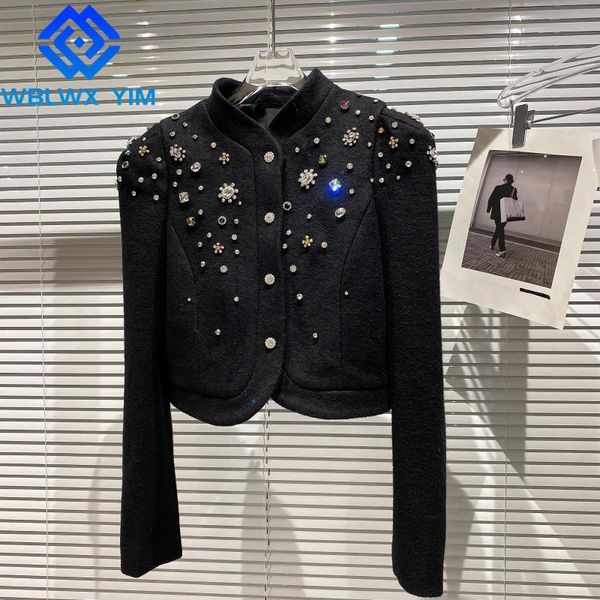 women's wool & blends coat women beading stand collar fashion diamond short woolen ladies autumn winter warm overcoat, Black
women's wool & blends coat women beading stand collar fashion diamond short woolen ladies autumn winter warm overcoat, Black