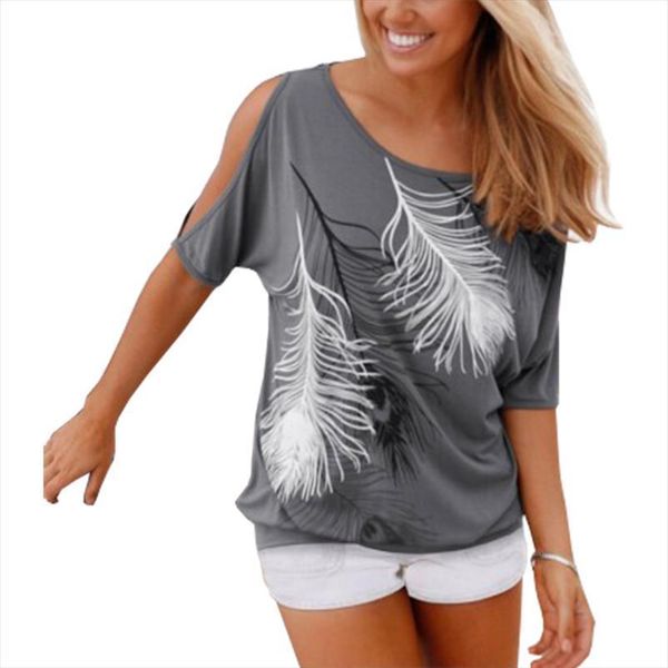 europe america summer feather women t shirt printed strapless short sleeved clothing vestidos t011, White
europe america summer feather women t shirt printed strapless short sleeved clothing vestidos t011, White