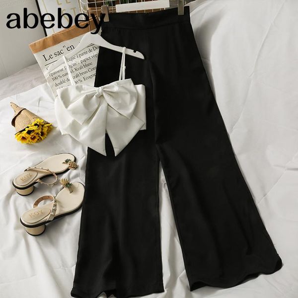 women summer bow casual suit sleeveless strap short +high waist split wide leg long pants two piece set women's, White
women summer bow casual suit sleeveless strap short +high waist split wide leg long pants two piece set women's, White