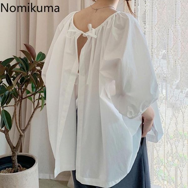 women's blouses & shirts nomikuma o neck puff sleeve backless lace up casual loose blouse solid color pleated korean summer blusas 3b7, White
women's blouses & shirts nomikuma o neck puff sleeve backless lace up casual loose blouse solid color pleated korean summer blusas 3b7, White