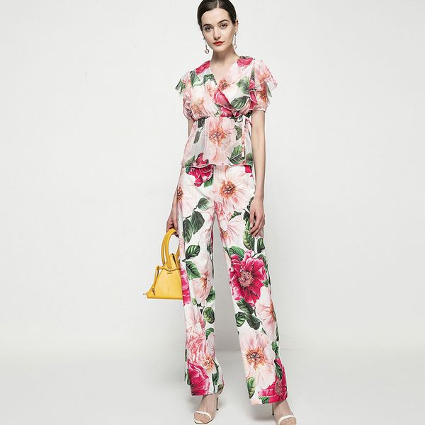 women's two piece pants sets turn down collar short sleeves ruffles blouse with floral long pant fashion runway twinsets, White
women's two piece pants sets turn down collar short sleeves ruffles blouse with floral long pant fashion runway twinsets, White