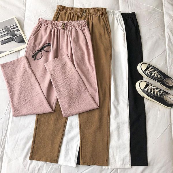 elastic waist solid color trousers women's summer 2021 korean casual slim high-waist basic straight-leg pants for womens & capris, Black;white
elastic waist solid color trousers women's summer 2021 korean casual slim high-waist basic straight-leg pants for womens & capris, Black;white