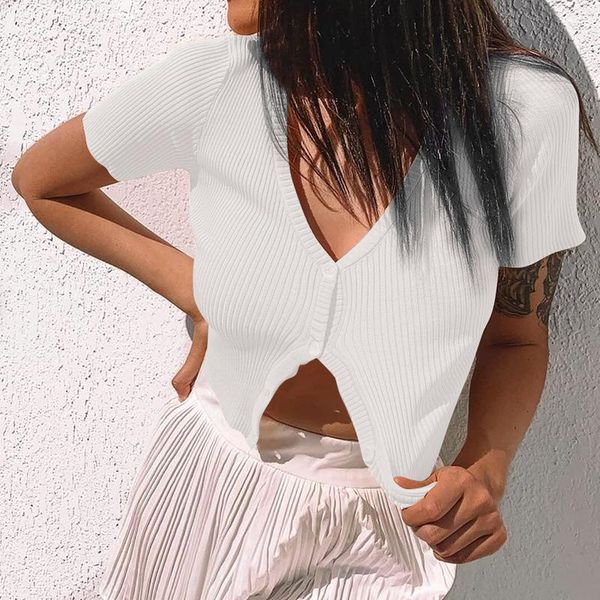 women's t-shirt women ladies solid t shirt short sleeve button v neck exposed umbilicus summer slim casual clothes, White
women's t-shirt women ladies solid t shirt short sleeve button v neck exposed umbilicus summer slim casual clothes, White