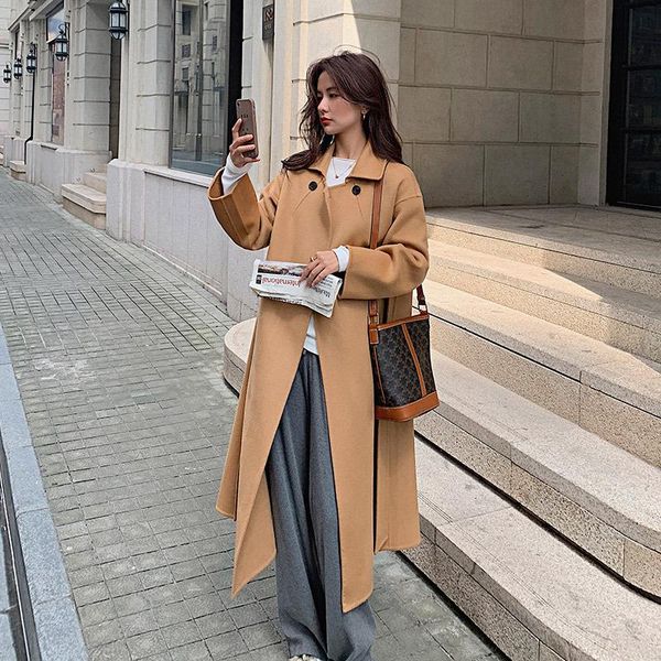 women's wool & blends double sided pure coat middle and long autumn winter 2021 style thin lapel belt, Black
women's wool & blends double sided pure coat middle and long autumn winter 2021 style thin lapel belt, Black