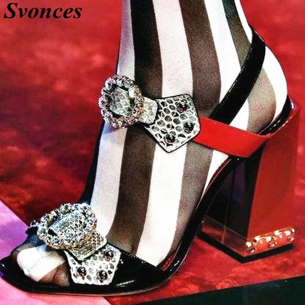 luxury snakeskin printed buckles wine patent leather sandals summer shoes jewel block high heels women strass party, Black
luxury snakeskin printed buckles wine patent leather sandals summer shoes jewel block high heels women strass party, Black