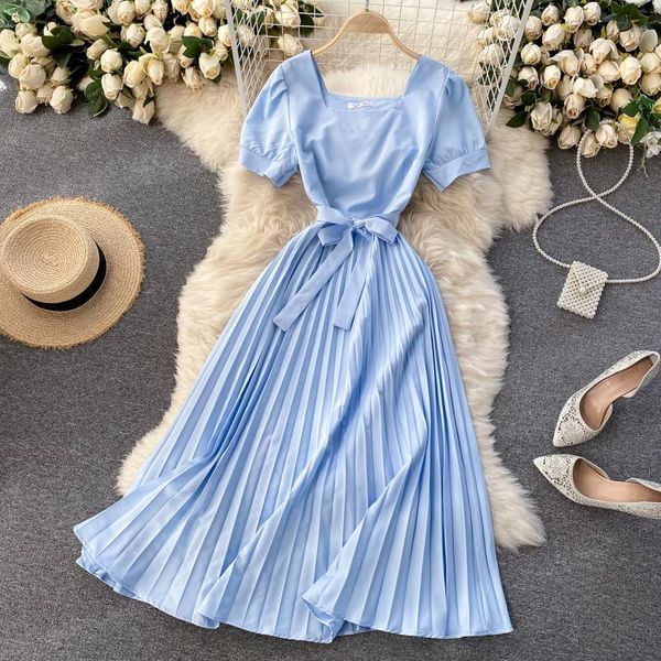 vintage french short sleeve women dress square collar high waist belt pleated dresses female elegant clothes summer 2021 coisini women', White;black
vintage french short sleeve women dress square collar high waist belt pleated dresses female elegant clothes summer 2021 coisini women', White;black