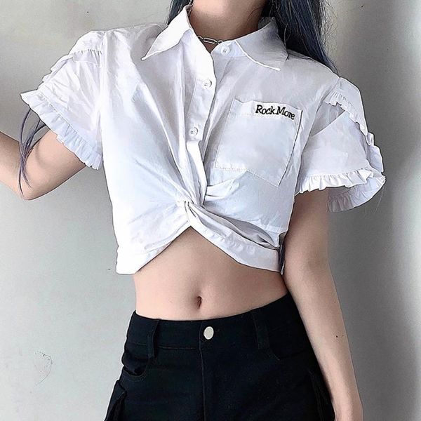women's blouses & shirts womens letter print ladies butterfly sleeve fashion blouse short shirt turn down collar feminino, White 
women's blouses & shirts womens letter print ladies butterfly sleeve fashion blouse short shirt turn down collar feminino, White