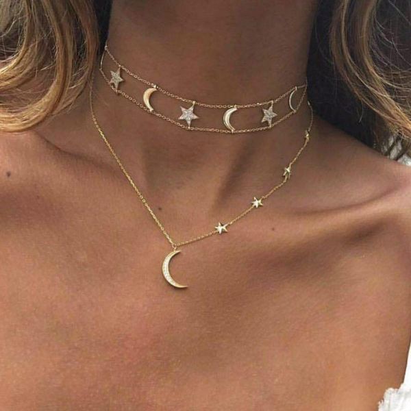 chokers bohemian cz crystal moon and star double layer choker layering necklace, Golden;silver
chokers bohemian cz crystal moon and star double layer choker layering necklace, Golden;silver
