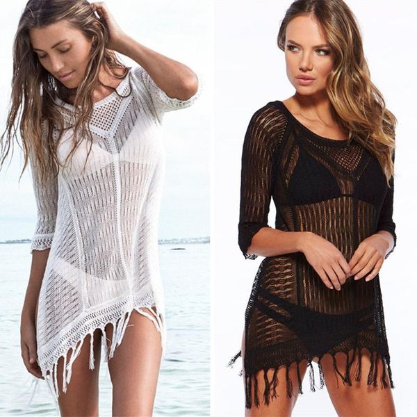 women's swimwear 2021 o-neck bikini cover up knitted tassel beach dress tunic hollow out summer mini bathing suit ups, White;black
women's swimwear 2021 o-neck bikini cover up knitted tassel beach dress tunic hollow out summer mini bathing suit ups, White;black
