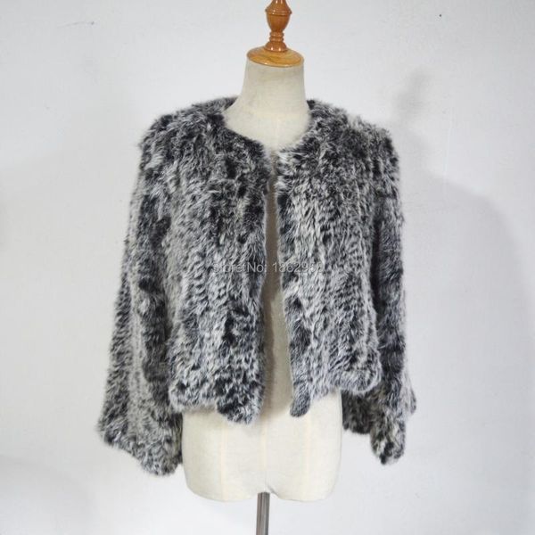 women's fur & faux sj436 real knitted shawl genuine poncho women, Black
