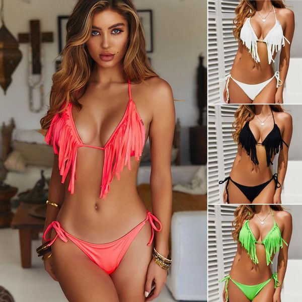 women's swimwear bikini set tassel solid color halter neck swimsuit bathing suits beachwear, White;black
women's swimwear bikini set tassel solid color halter neck swimsuit bathing suits beachwear, White;black
