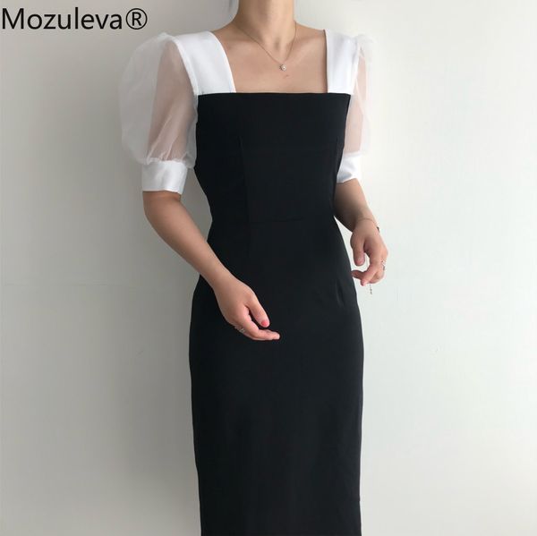 mesh stitching sleeve square collar summer dress women ol elegant office slim party es vestidos 210427, Black;gray
mesh stitching sleeve square collar summer dress women ol elegant office slim party es vestidos 210427, Black;gray