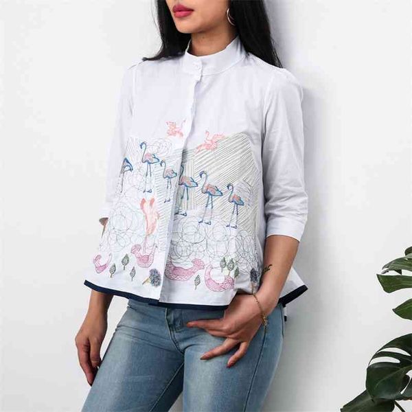 crane embroidery shirt women summer autumn fashion 3/4 sleeve casual blouses ladies white doll shirts 210401