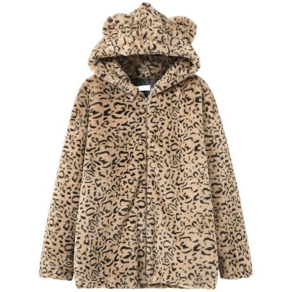 women's fur & faux fashion slim korean leopard print coat women loose hooded thickened cotton-padded winter jacket zipper, Black
women's fur & faux fashion slim korean leopard print coat women loose hooded thickened cotton-padded winter jacket zipper, Black