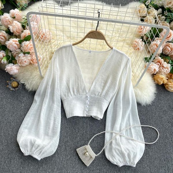 spring fashion v neck puff women blouses sleep short sweet fresh d0125, White
spring fashion v neck puff women blouses sleep short sweet fresh d0125, White