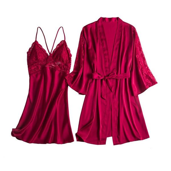 women's sleepwear 2pcs nighty&robe suit satin kimono bathrobe gown lace home clothes intimate lingerie female silky nightdress, Black;red
women's sleepwear 2pcs nighty&robe suit satin kimono bathrobe gown lace home clothes intimate lingerie female silky nightdress, Black;red