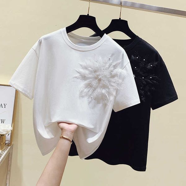 short sleeve t shirt women cotton white summer tees beading t-shirt woman casual harajuku white tshirt femme 210604
short sleeve t shirt women cotton white summer tees beading t-shirt woman casual harajuku white tshirt femme 210604