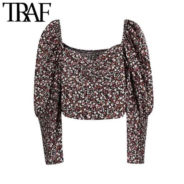 women fashion floral print cropped blouse vintage puff sleeve back elastic female shirts blusas chic 210507, White
women fashion floral print cropped blouse vintage puff sleeve back elastic female shirts blusas chic 210507, White