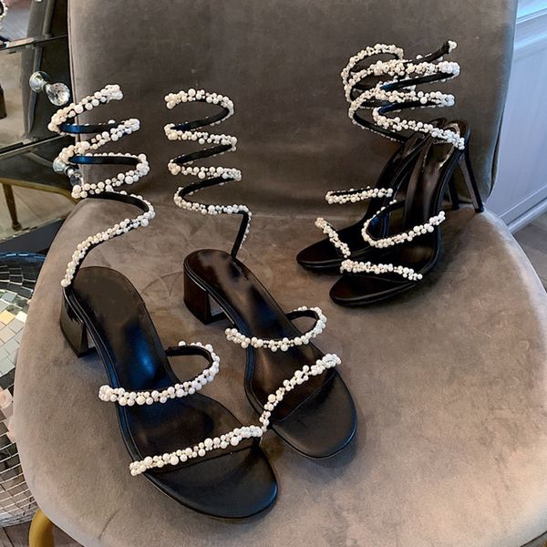 luxury design women sandals high heels pearl banquet wedding, Black