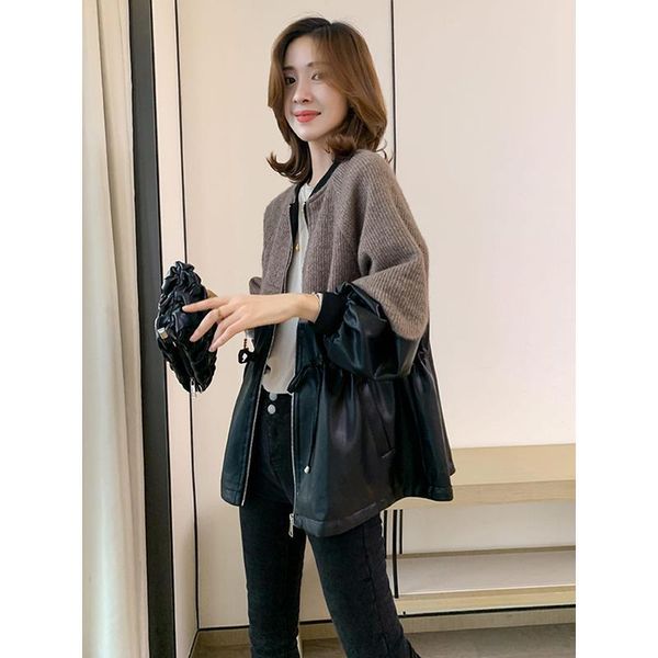 women's jackets patchwork knitted jacket spring and autumn goods versatile foreign style waist closing leather, Black;brown
women's jackets patchwork knitted jacket spring and autumn goods versatile foreign style waist closing leather, Black;brown