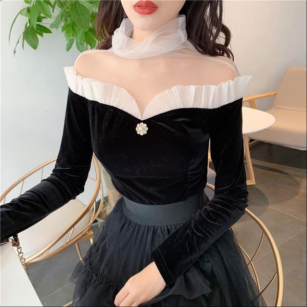 vintage velour bottoming mesh womens shirts spliced slim long sleeve velvet, White 
vintage velour bottoming mesh womens shirts spliced slim long sleeve velvet, White