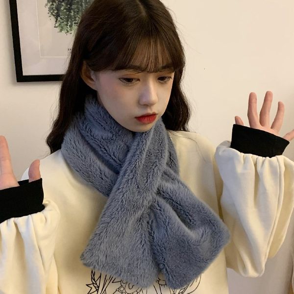rex rabbit hair collar versatile plush scarf for women in winter, Blue;gray
