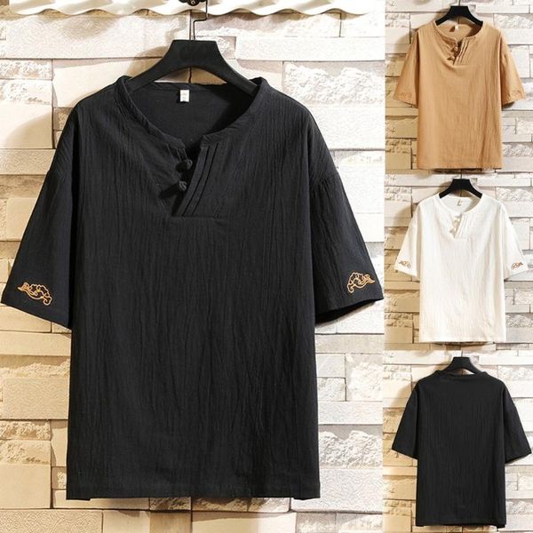 men's t-shirts casual fashion embroidered cotton linen button short sleeve t-shirt summer daliy birthday, White;black
men's t-shirts casual fashion embroidered cotton linen button short sleeve t-shirt summer daliy birthday, White;black