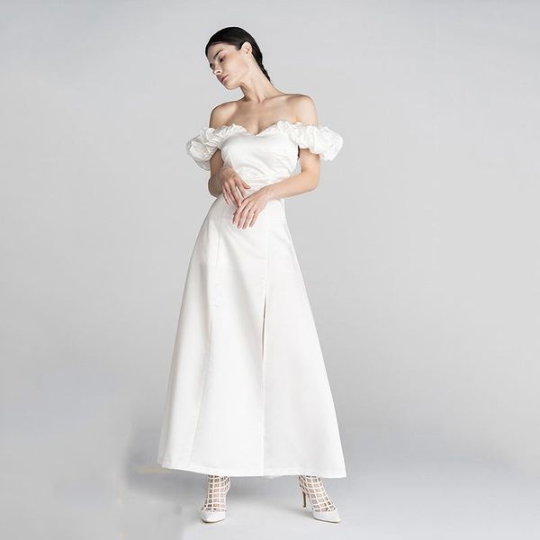 party dresses simple evening white satin french style boat neck wedding gowns side split backless vestido de fiesta boda, White;black
party dresses simple evening white satin french style boat neck wedding gowns side split backless vestido de fiesta boda, White;black