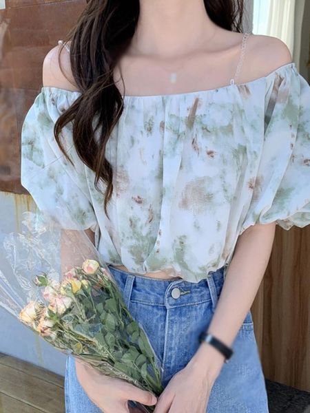 women's blouses & shirts summer puff sleeve printed women off shoulder ruffles female slash neck chiffon blouse, White
women's blouses & shirts summer puff sleeve printed women off shoulder ruffles female slash neck chiffon blouse, White